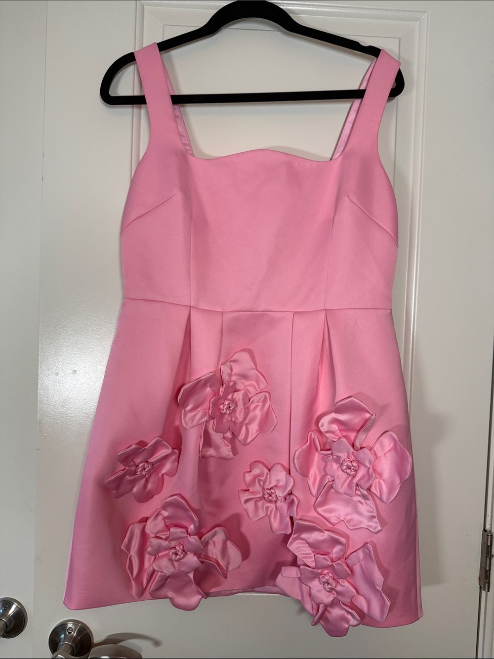 Pink Floral Appliqué Mini Dress with Square Neck